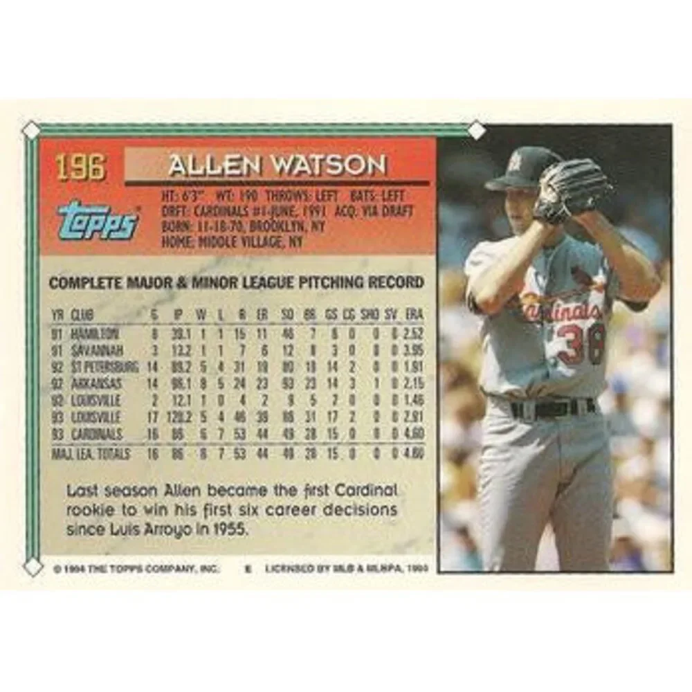 1994 Topps Allen Watson # 196 St. Louis Cardinals